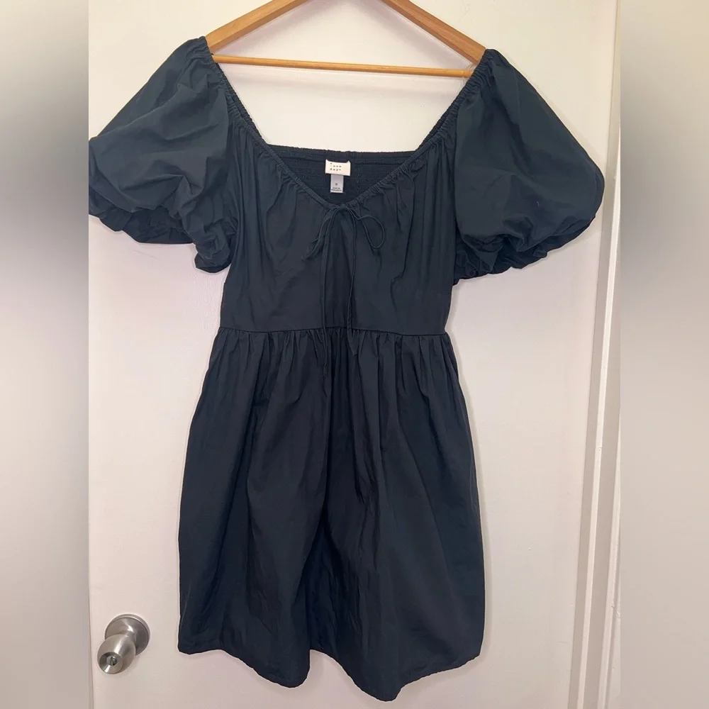 Black Puff Sleeve Mini Dress Cottagecore Open Back Babydoll A New Day M - Picture 2 of 9